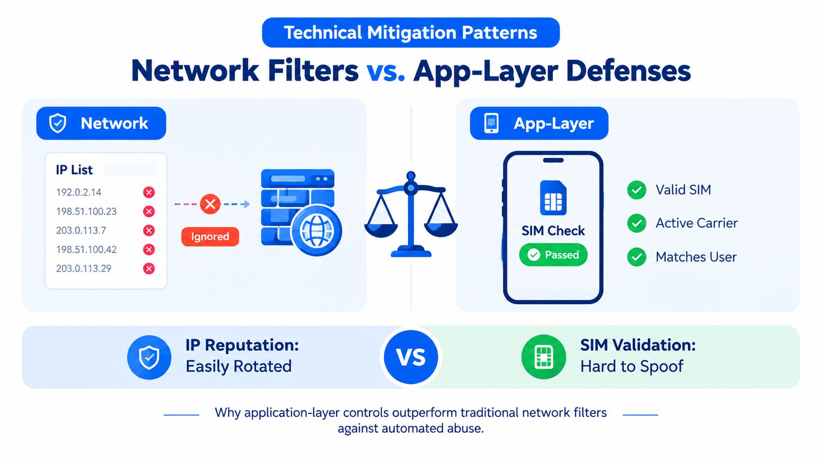 A diagram comparing network-level IP filtering to application-layer SIM validation for preventing automated mobile abuse.