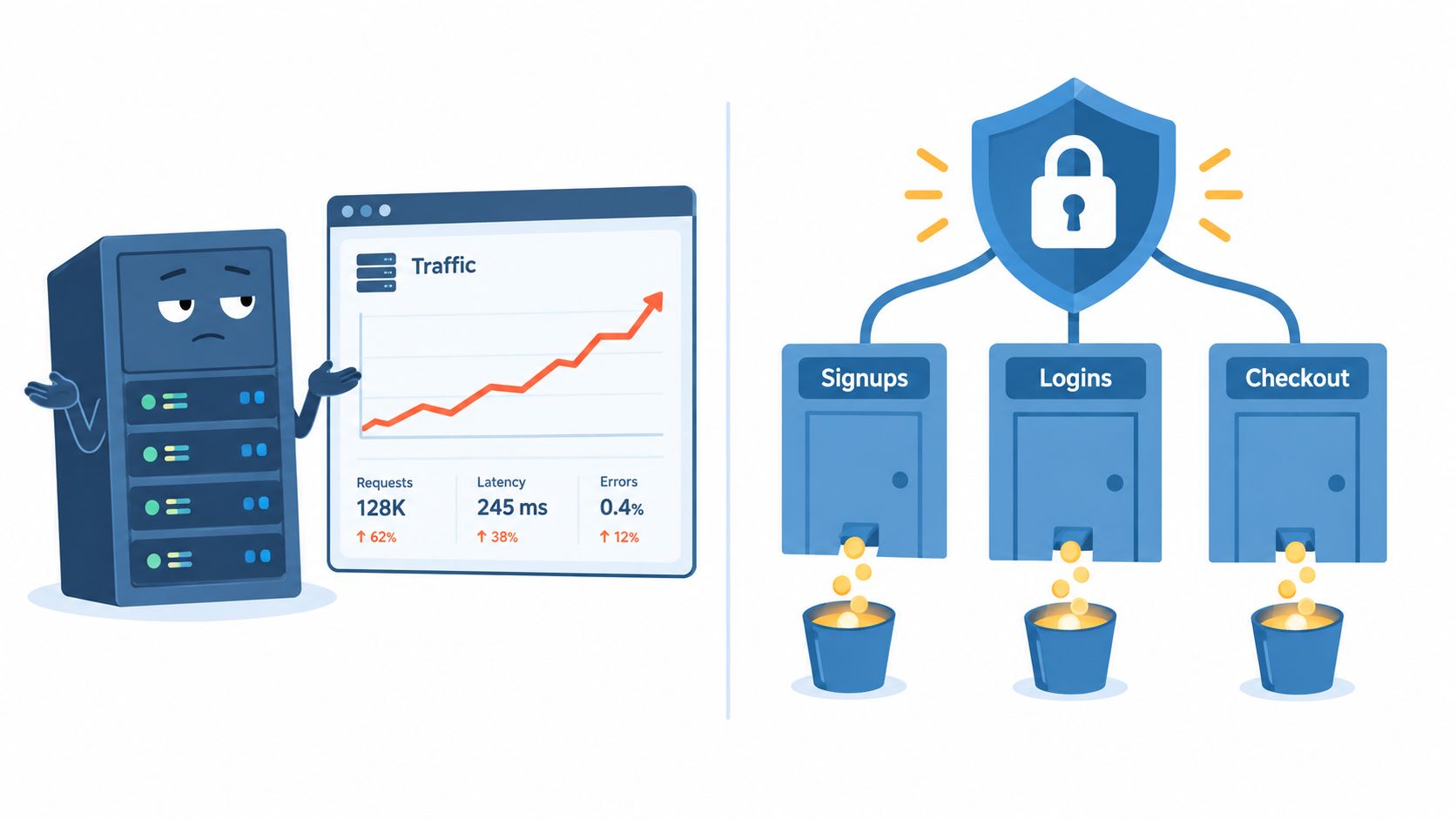 A server illustration shows high traffic causing performance issues, resolved by applying the token bucket algorithm security.