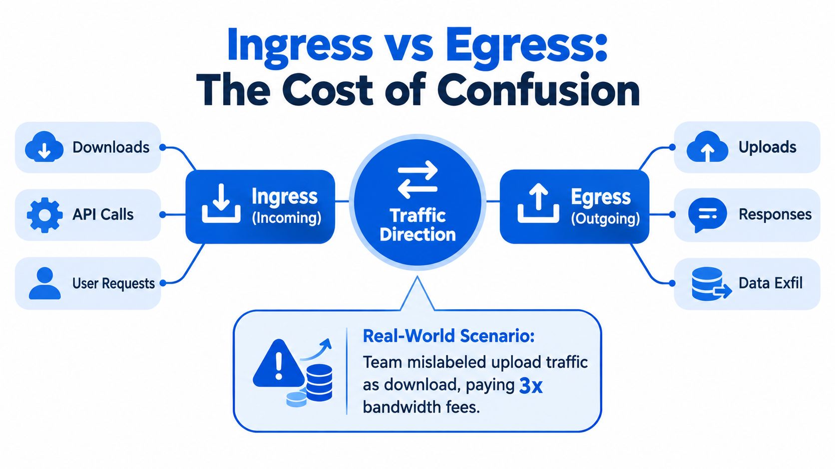 A diagram comparing ingress versus egress network traffic with a real-world scenario of potential cost implications.