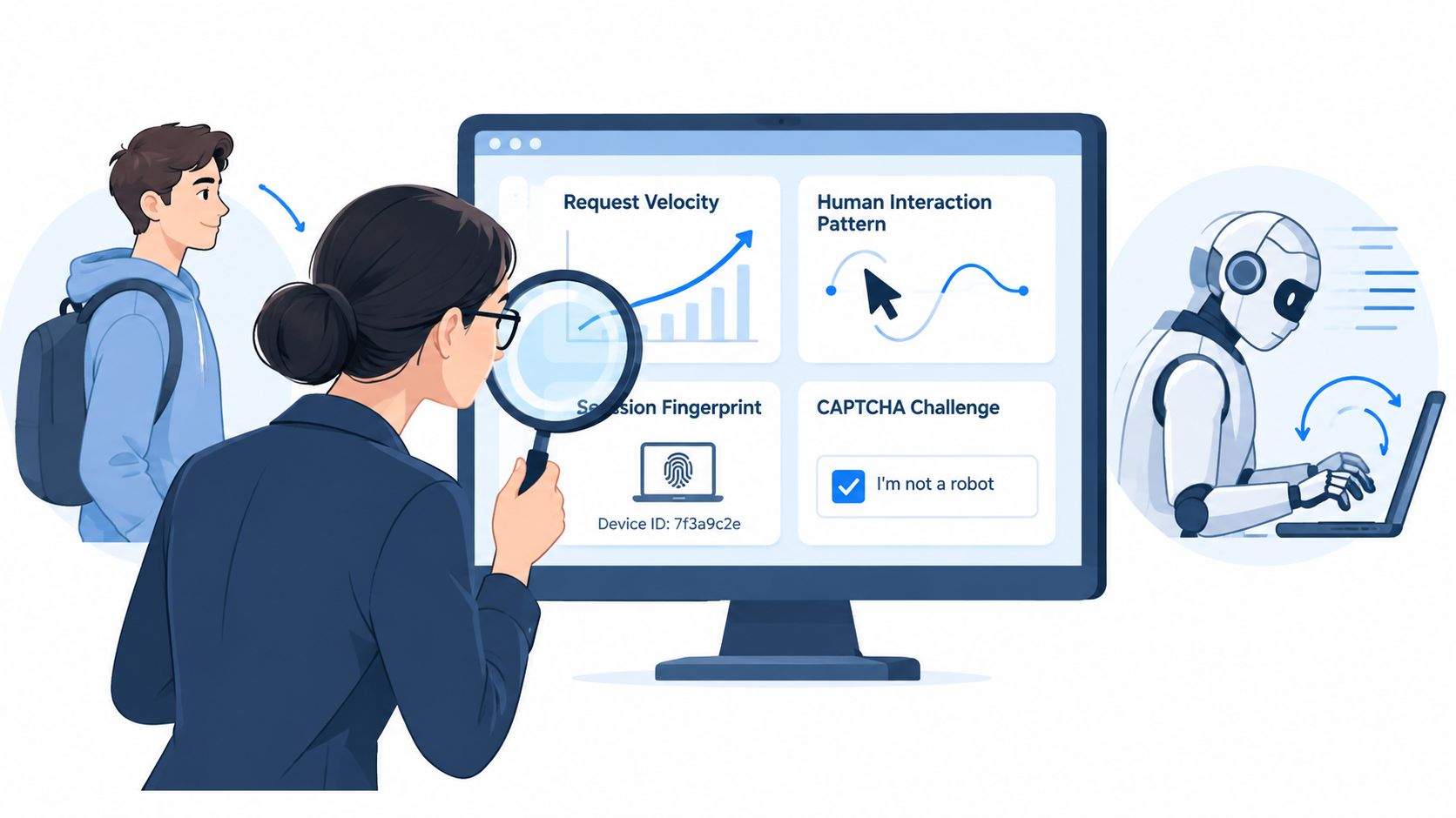 A professional analyzing data on a computer screen to distinguish between human users and automated ticket buying bots.