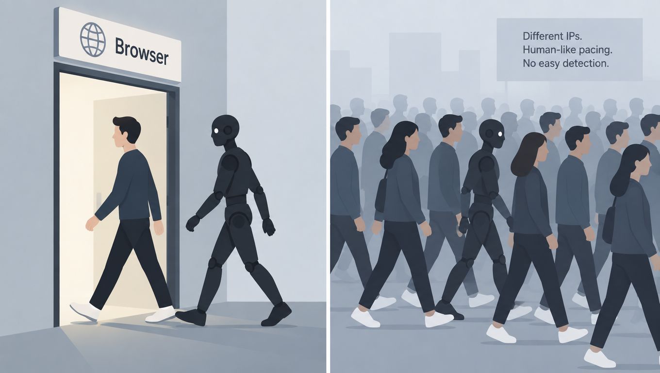 A conceptual illustration showing a robot blending into a crowd of humans walking to avoid detection.