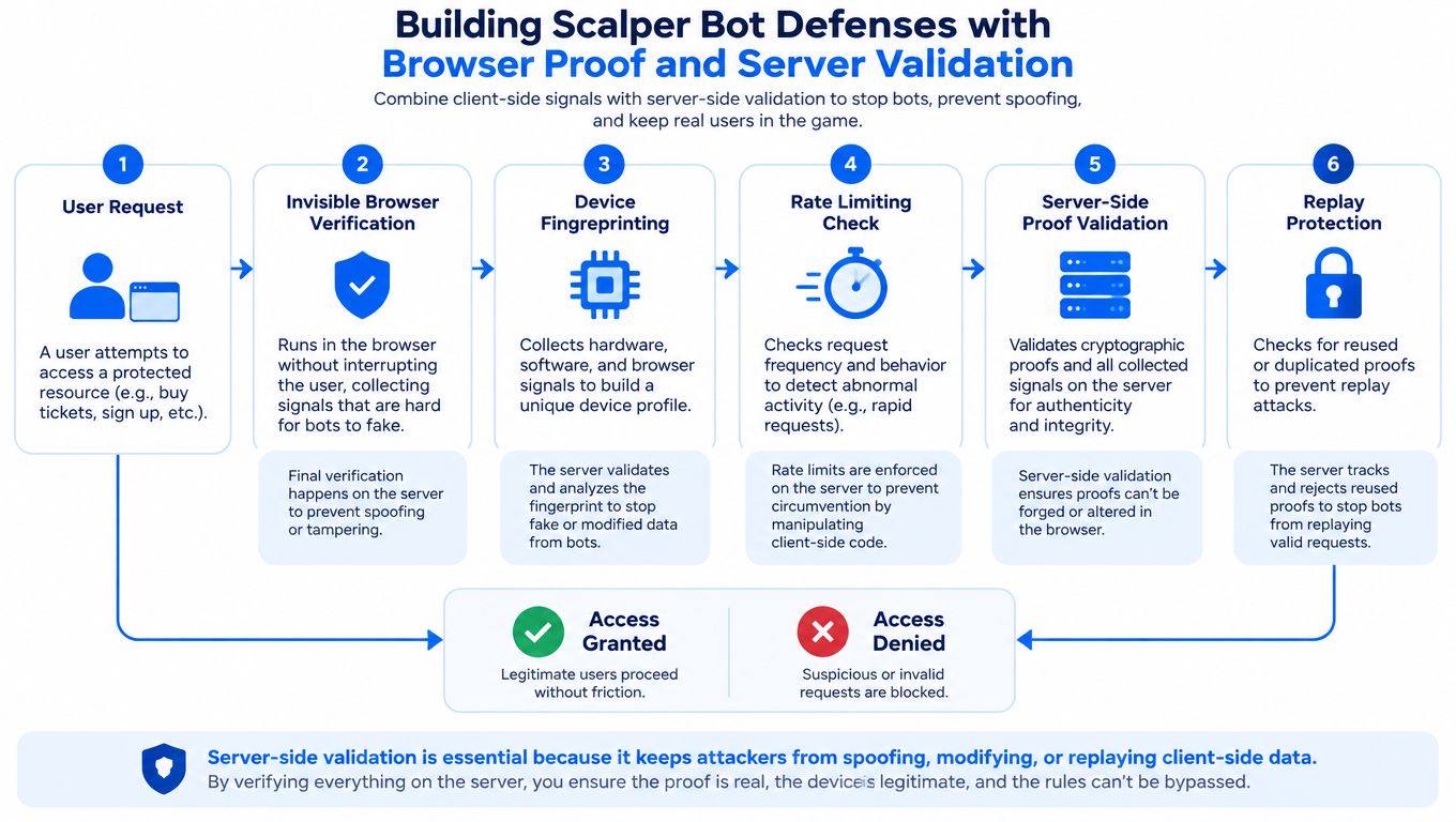 A flowchart diagram explaining the six-step process for building defenses against scalper bots using browser proof and server validation.