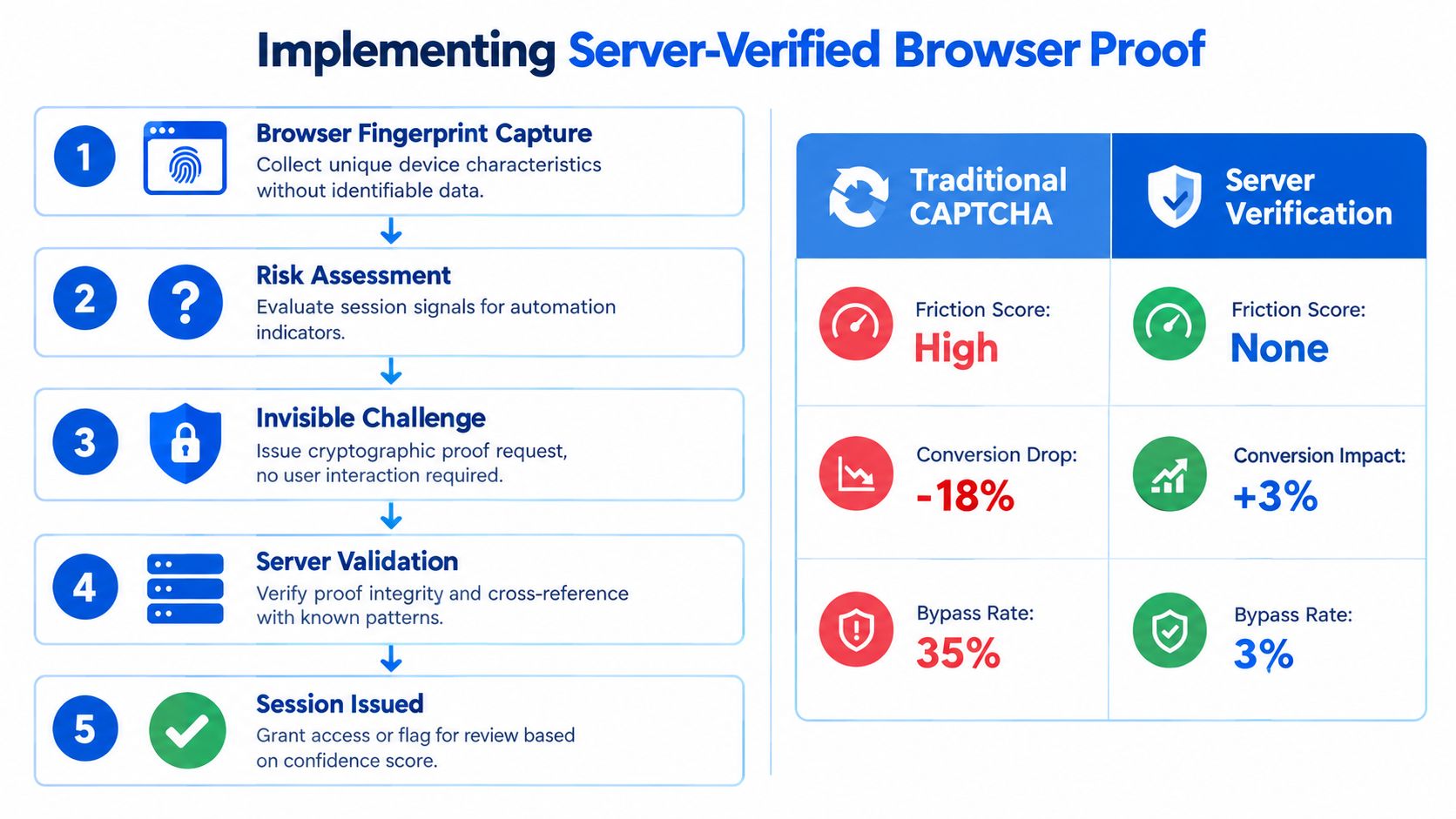 A diagram illustrating the five-step process of implementing server-verified browser proof for enhanced security and performance.