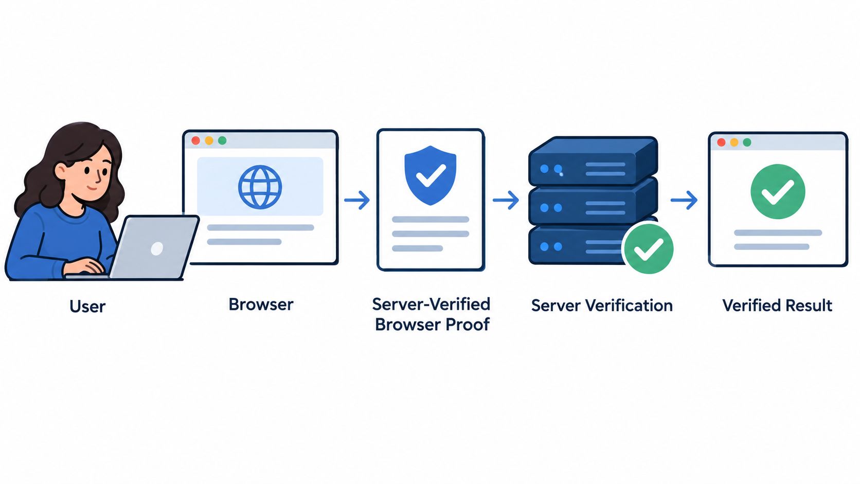 A diagram illustrating the workflow of server-verified browser proof for secure bot detection software processes.