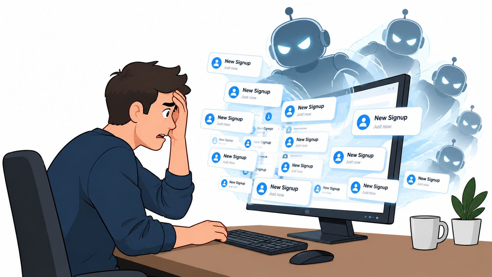 A stressed man sits at a computer desk overwhelmed by numerous fake user signup notifications from bots.