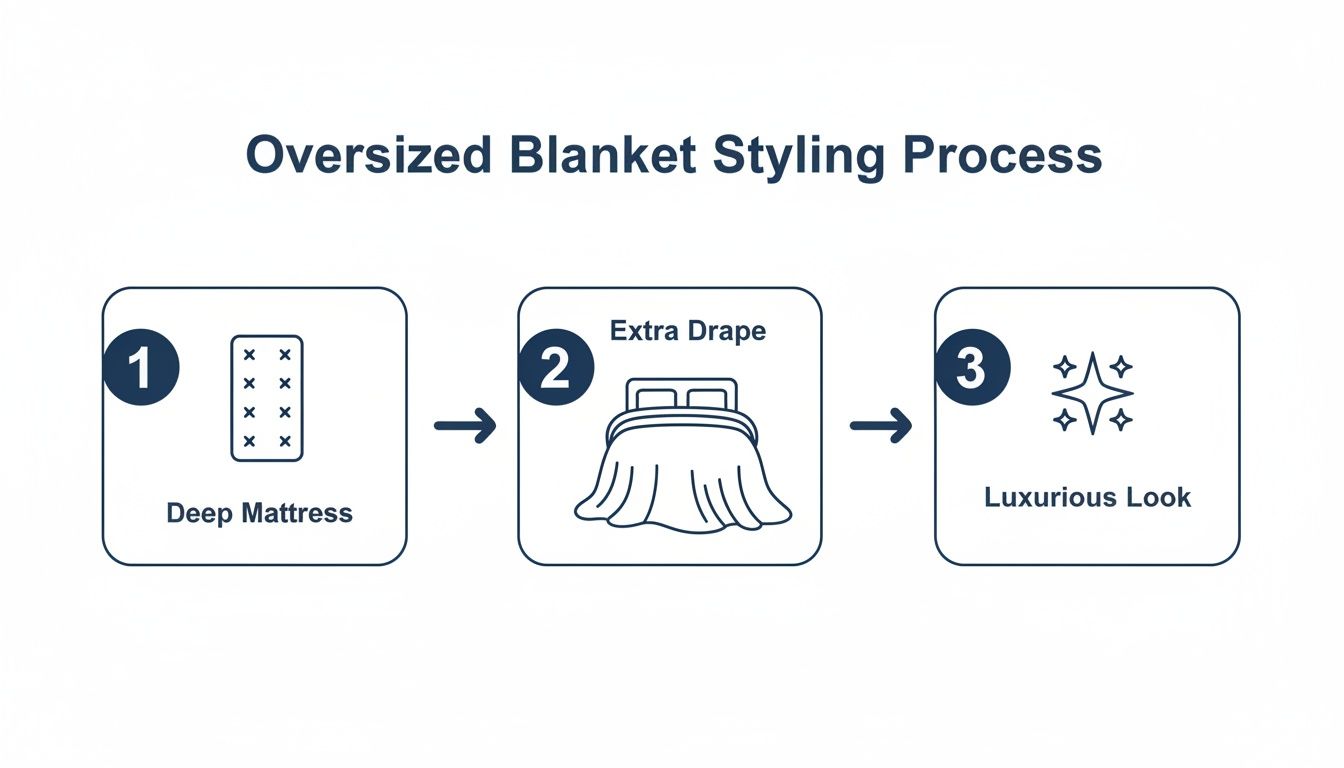 Diagram showing three steps to style an oversized blanket for a luxurious, extra-draped look on a deep mattress.