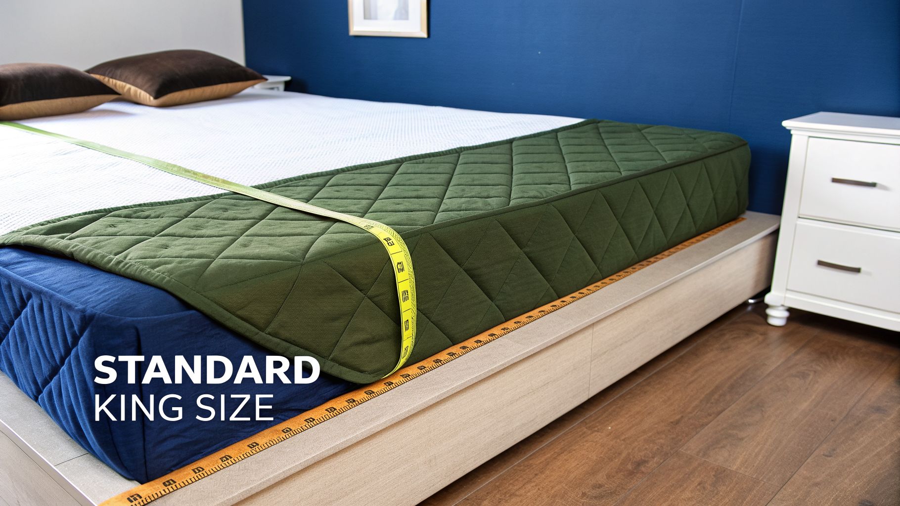 A standard king size bed with a measuring tape on a green quilted mattress protector.