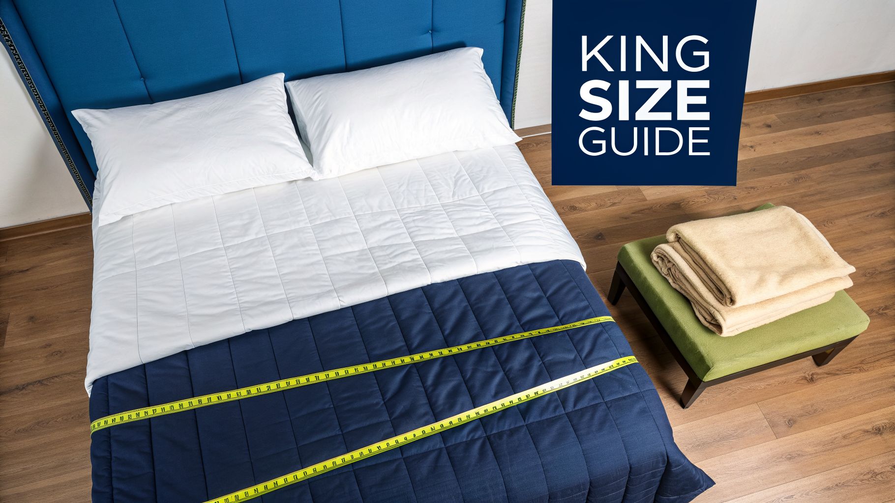 King size bed with blue headboard, white bedding, navy blanket, and yellow measuring tapes.