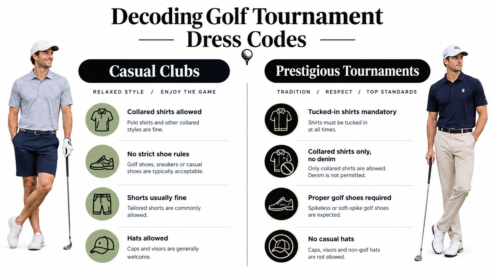 A comparison chart showing golf tournament dress codes for casual clubs versus prestigious professional tournaments.