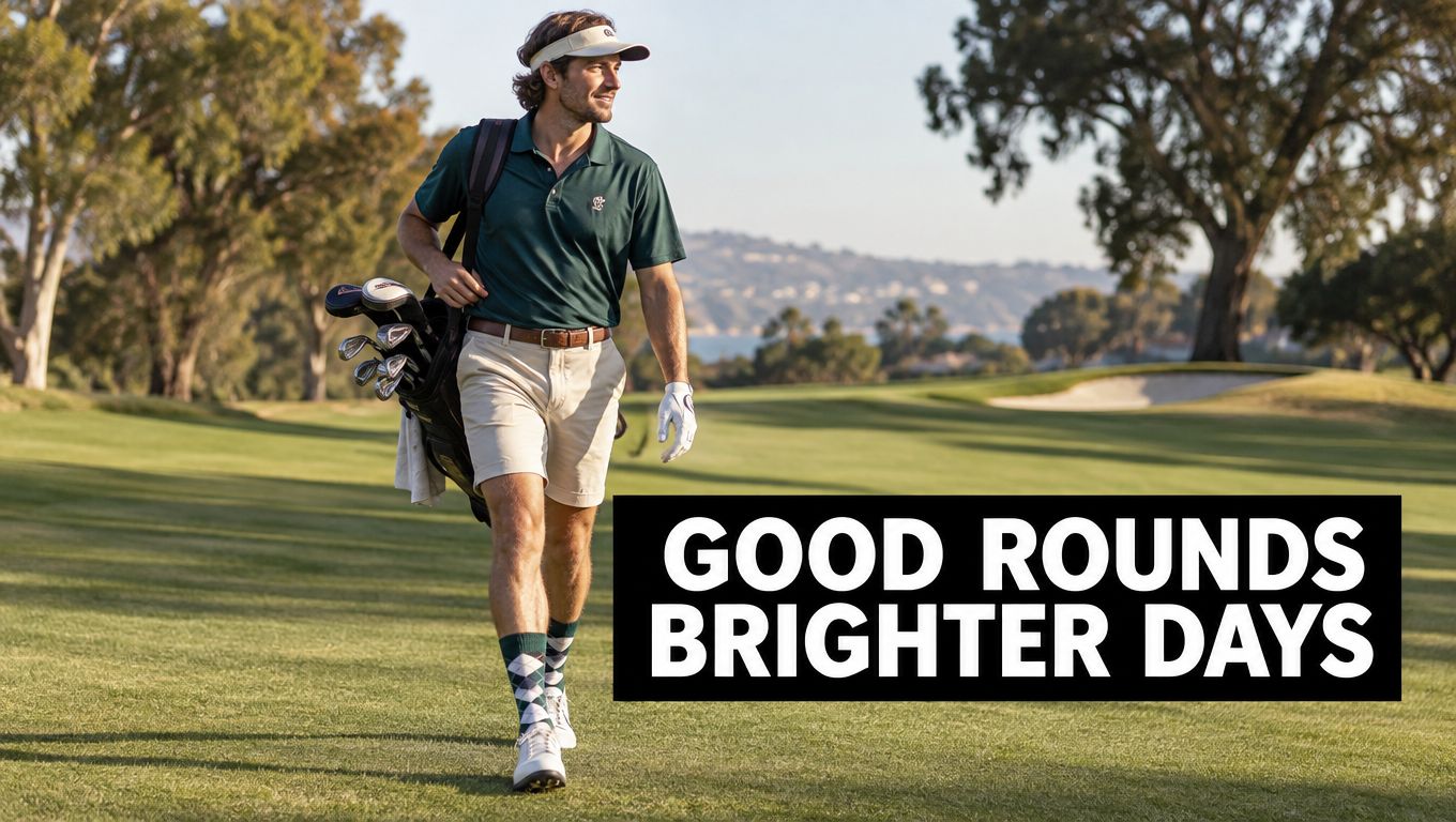 A male golfer walking on a sunny golf course carrying a golf bag, wearing stylish golf apparel.