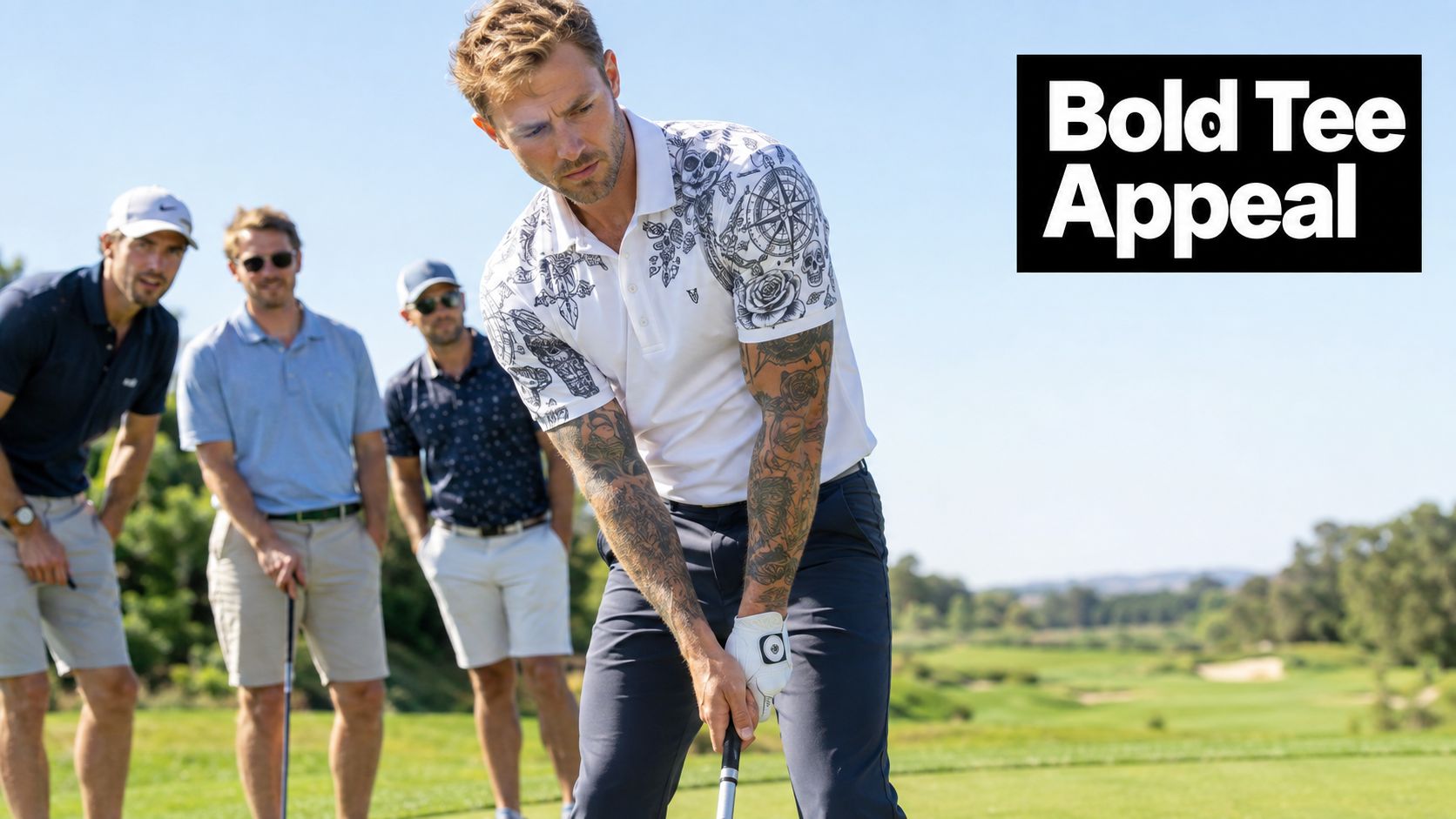 A tattooed golfer wearing a white polo with an intricate black ink print pattern on a sunny course.
