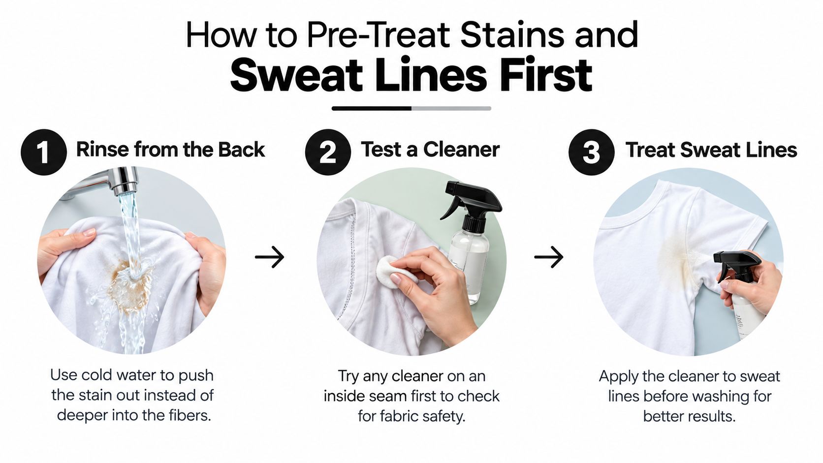 An infographic showing three steps to pre-treat stains and sweat lines on clothes using cold water and cleaner.