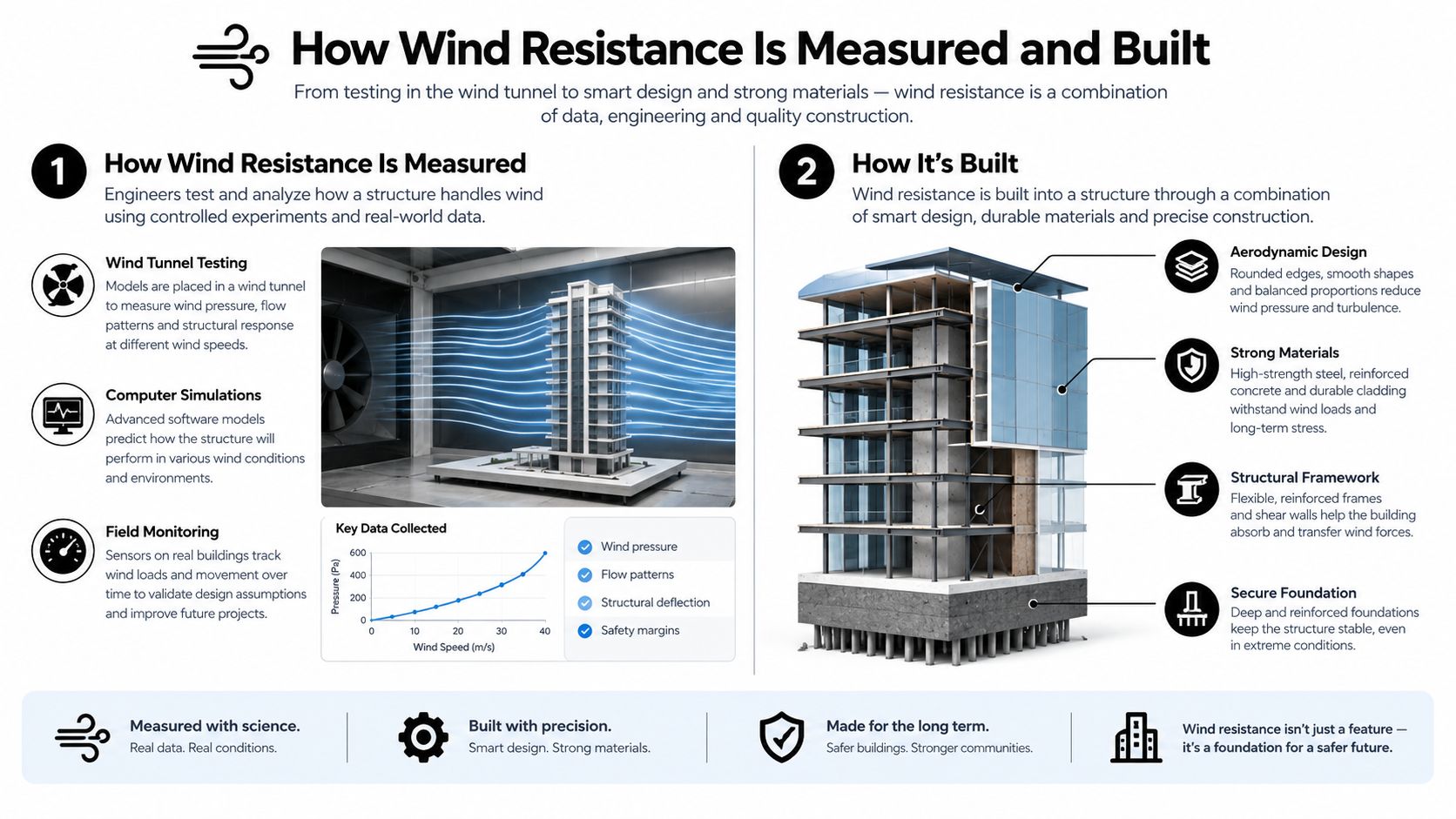 An infographic showing how buildings are engineered for wind resistance through testing, simulation, and structural design.