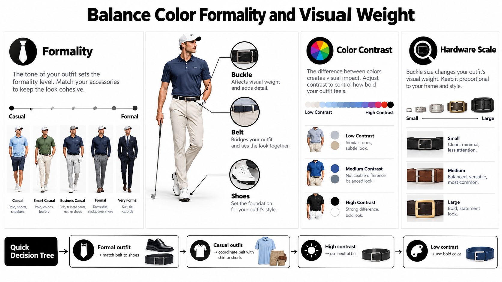 An infographic guide illustrating how to balance color, formality, and visual weight when choosing golf belts.