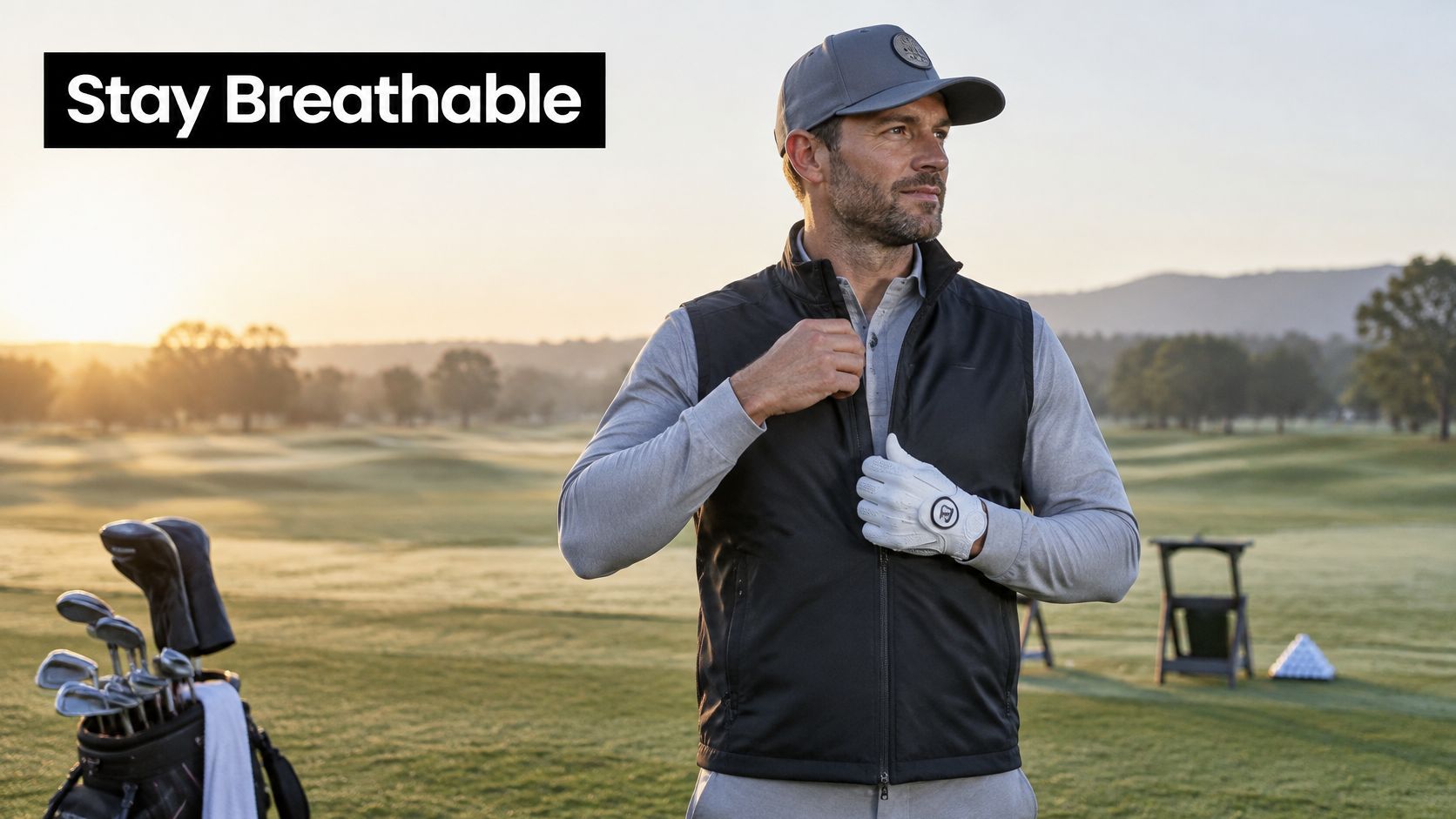 A man wearing a black windproof golf vest and a grey cap stands on a golf course.