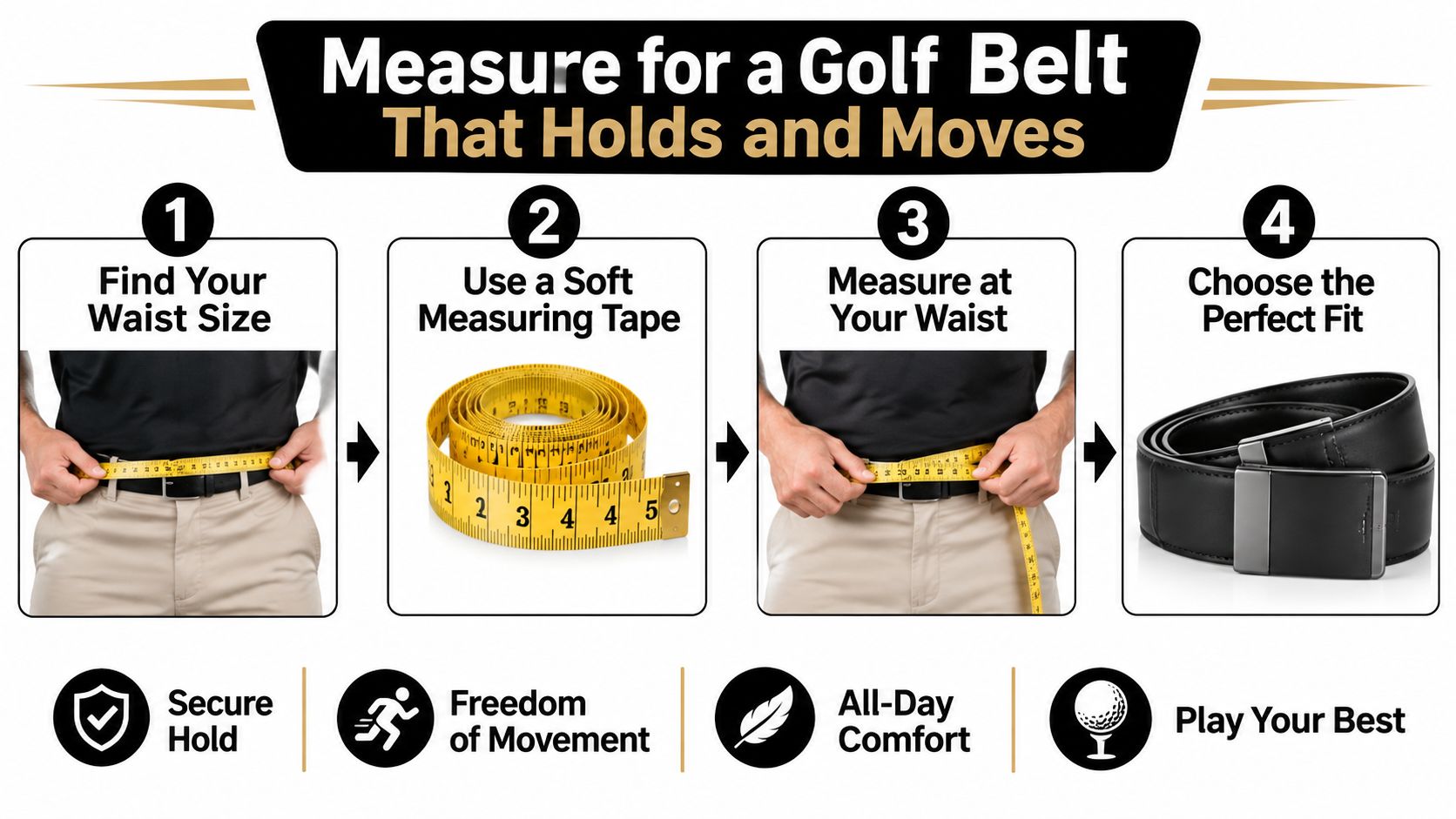 A four-step instructional guide on how to measure your waist for a comfortable golf belt.
