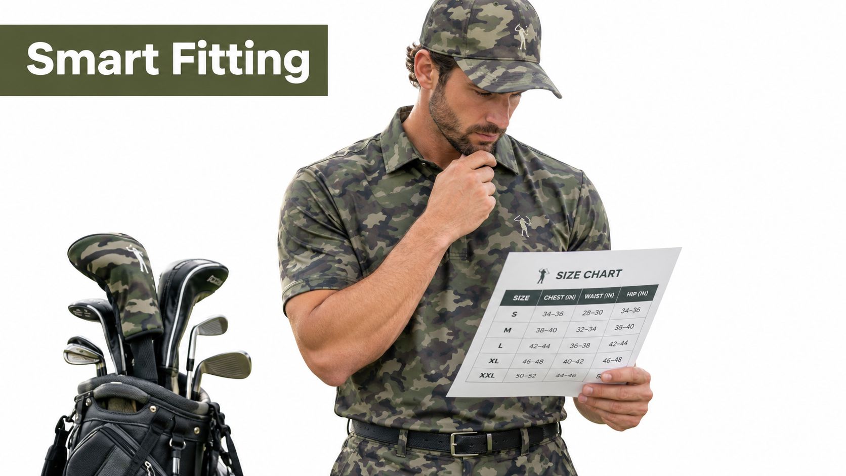 A man wearing a camouflage golf shirt and hat checks his measurements against a size chart.