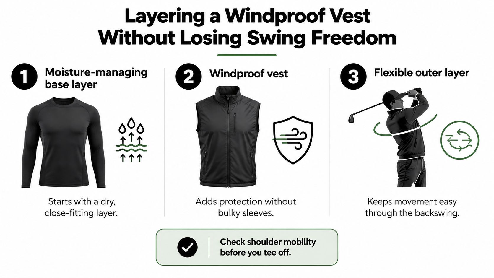 A three-step infographic showing how to layer clothing with a windproof vest for improved golf swing mobility.