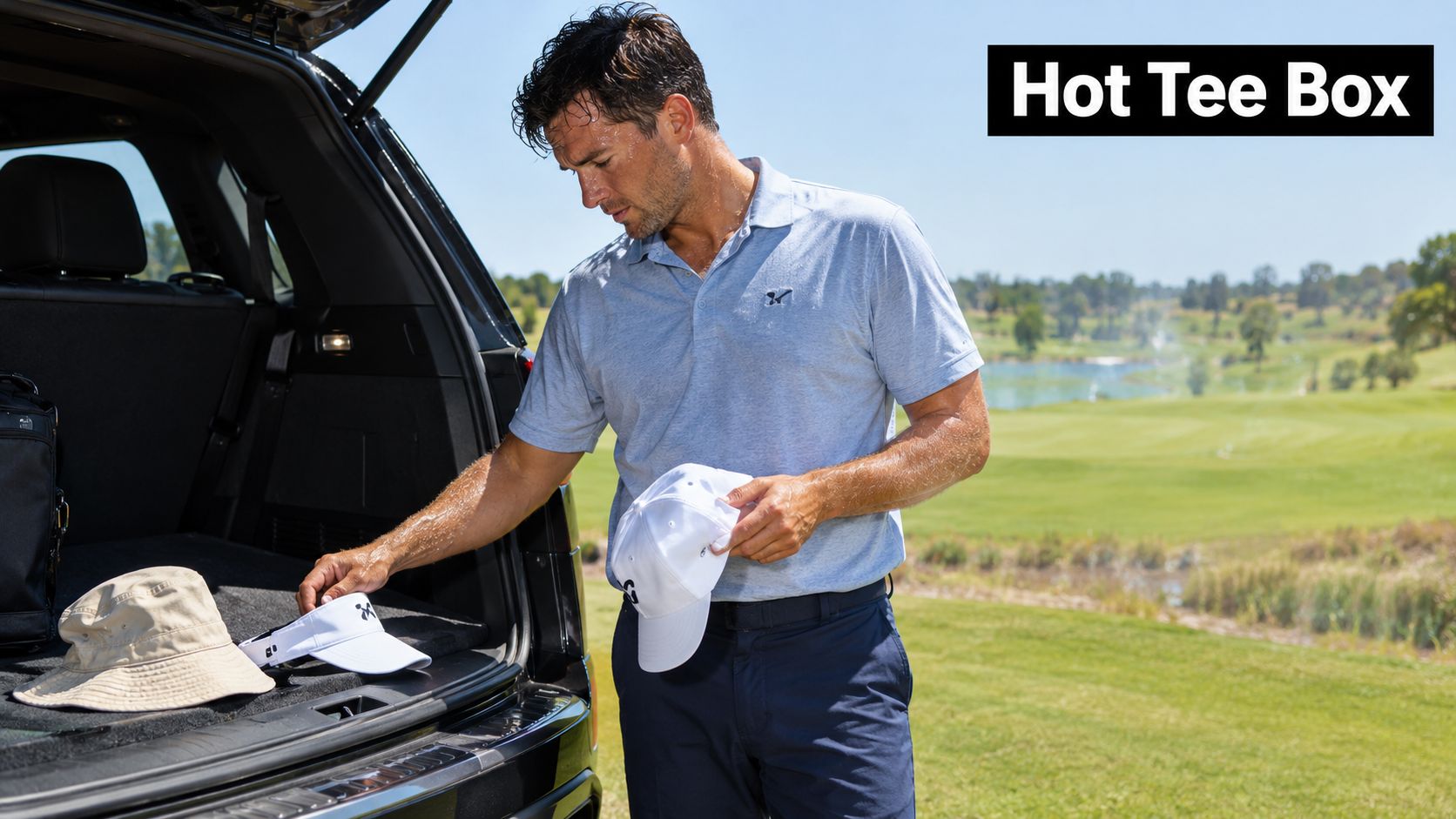 A man selecting a golf hat from his car trunk on a sunny day at the golf course.