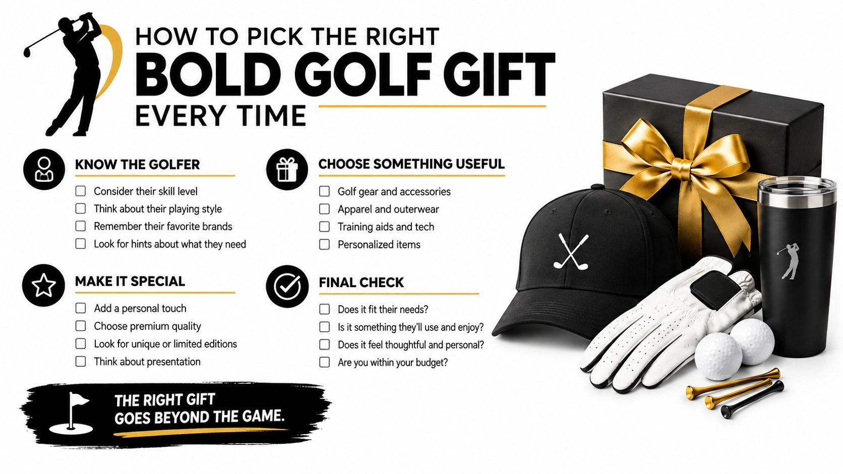 An infographic titled How to Pick the Right Bold Golf Gift with checklist tips alongside golf accessories.