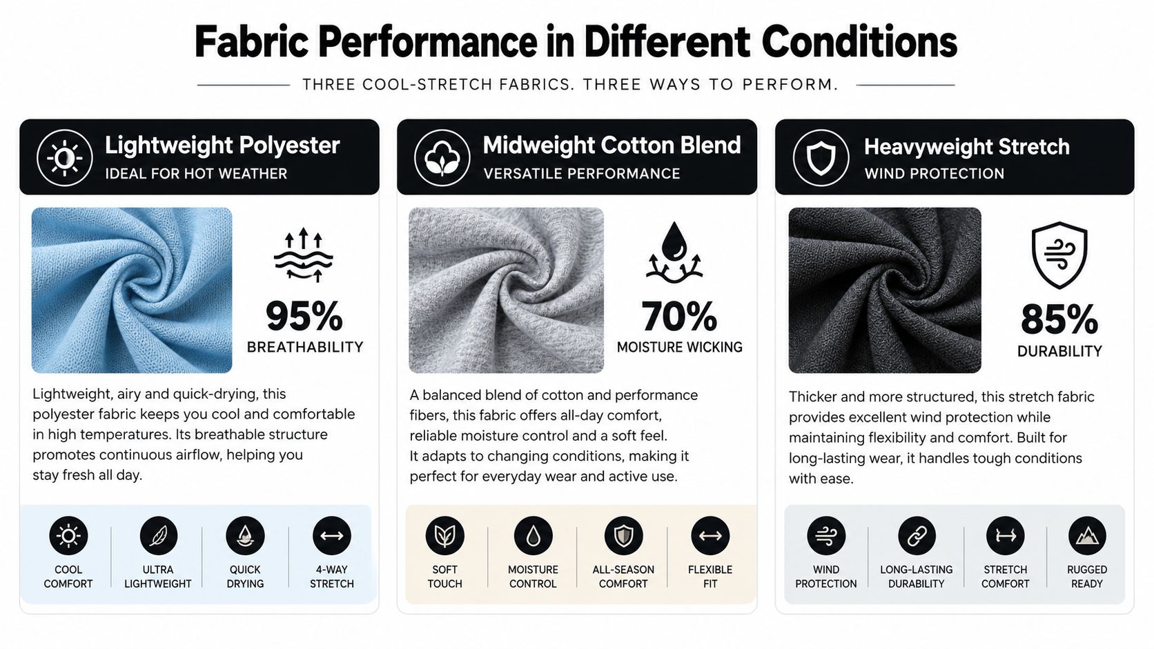 A comparison chart highlighting the performance features of three fabric types: Lightweight Polyester, Midweight Cotton Blend, and Heavyweight Stretch.