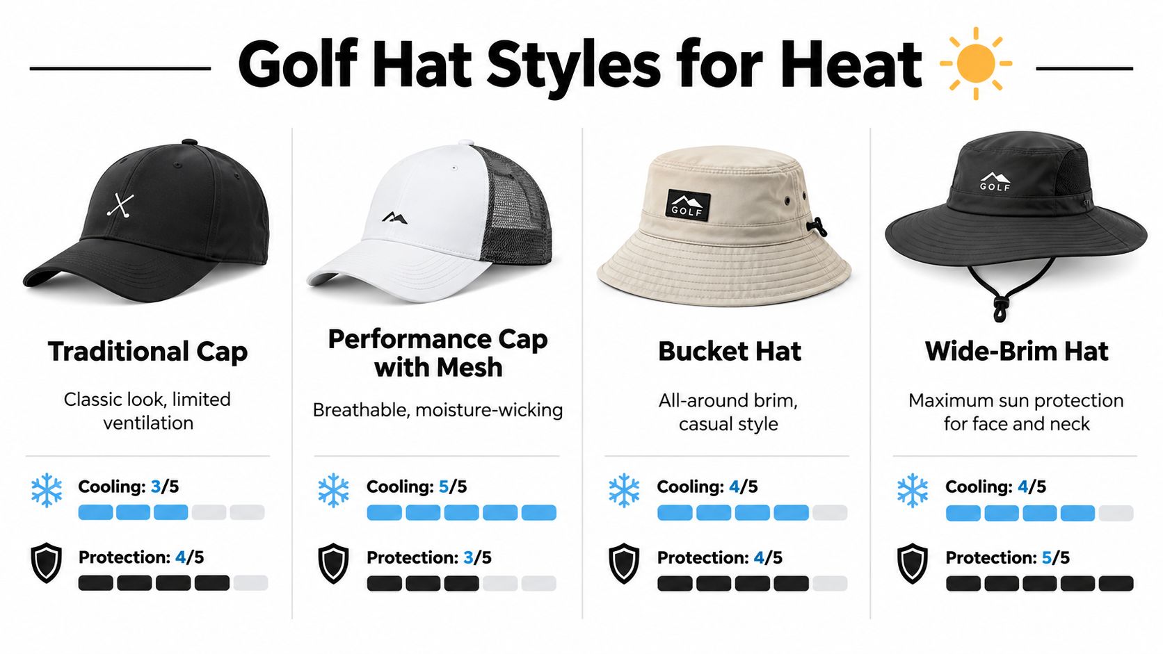 A comparison chart showing four golf hat styles, traditional cap, mesh performance cap, bucket hat, and wide-brim hat, with cooling and protection ratings.