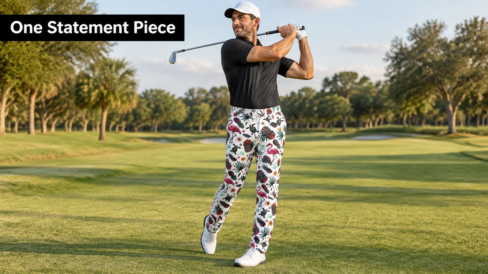 A professional golfer in a black polo shirt and patterned tropical pants swinging a golf club on a course.