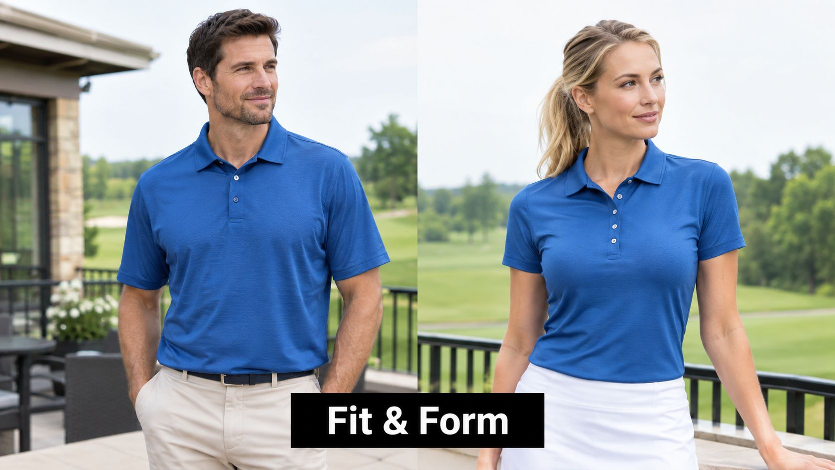 A man and woman wearing matching blue polo shirts while standing on a sunny golf course patio.