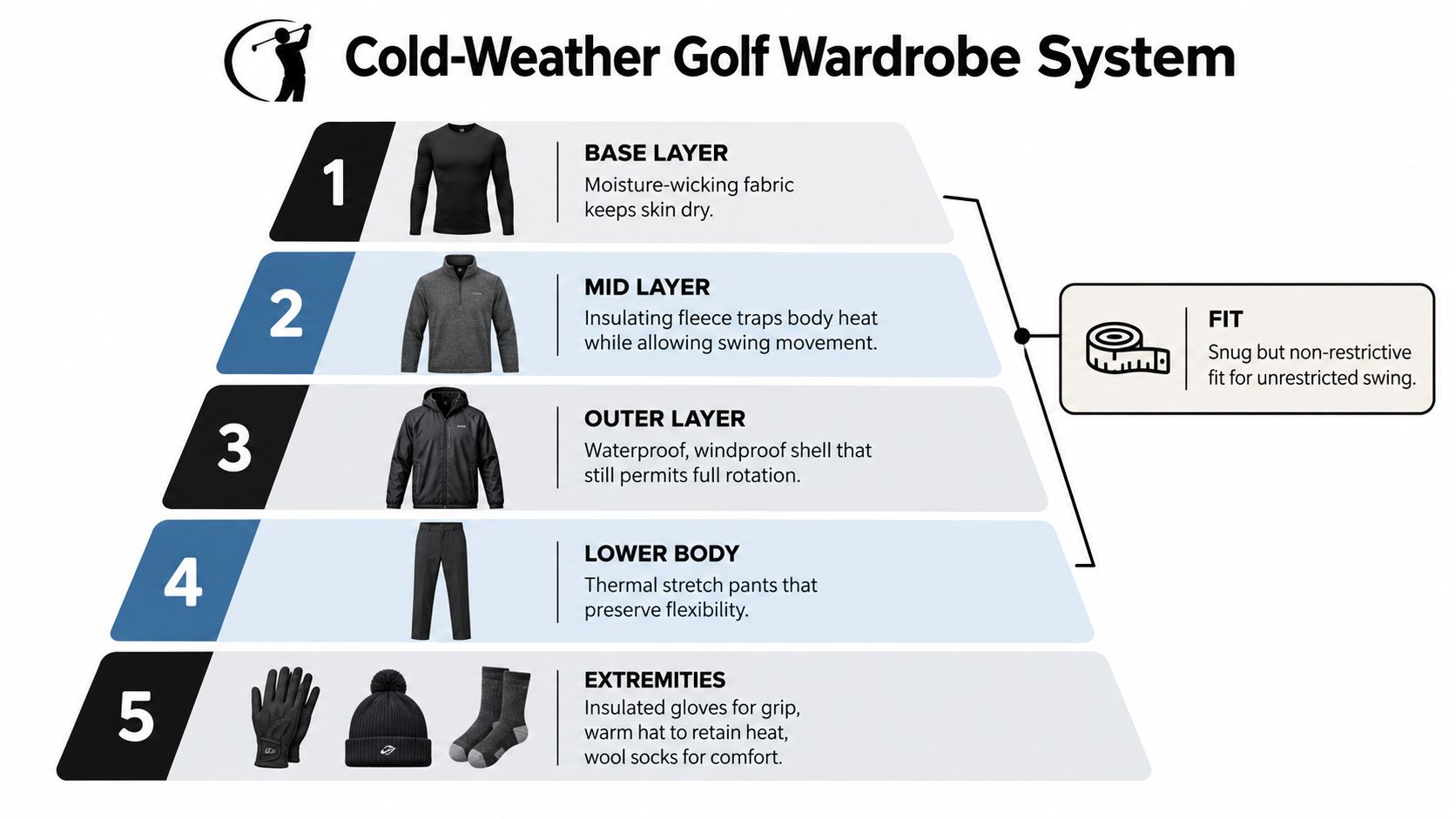 A pyramid diagram showing a five-layer system for cold-weather golf clothing to maintain comfort and performance.