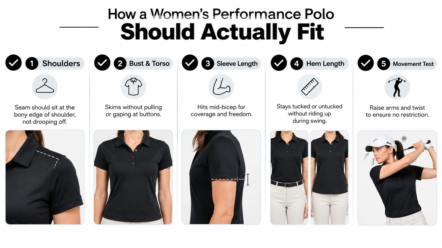A helpful infographic showing five key tips for finding the perfect fit for a women's performance polo.