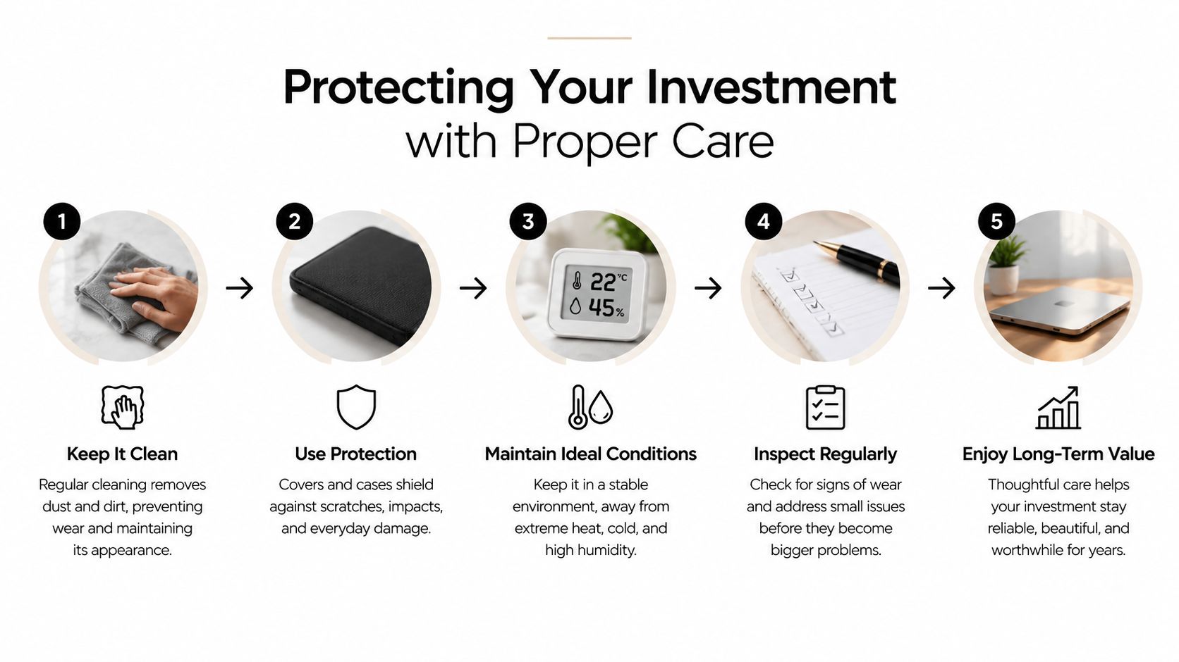 A five-step guide for maintaining personal items to ensure long-term value, cleanliness, and protection.