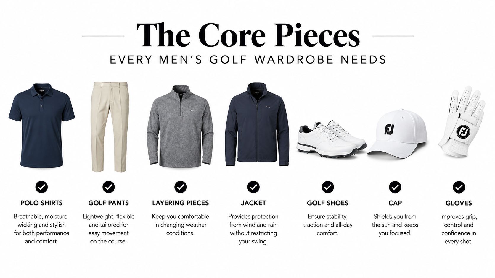 A guide showcasing essential men's golf wardrobe items including polo shirts, pants, layering pieces, jackets, shoes, hats, and gloves.