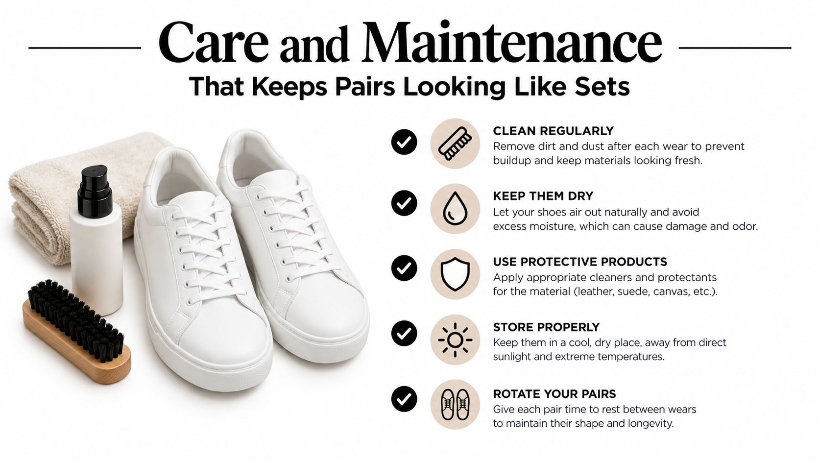 An infographic on sneaker care and maintenance including cleaning, drying, storage, and rotation tips for footwear.