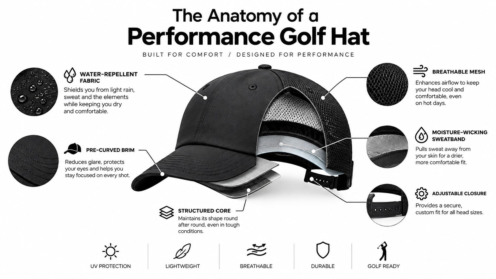An infographic diagram labeled The Anatomy of a Performance Golf Hat showing features like breathable mesh and moisture-wicking.