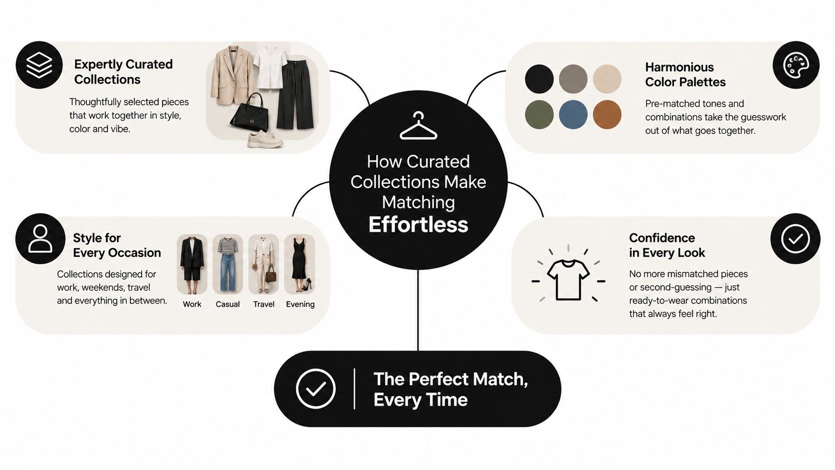 A diagram illustrating how curated clothing collections help people easily match outfits for every occasion.