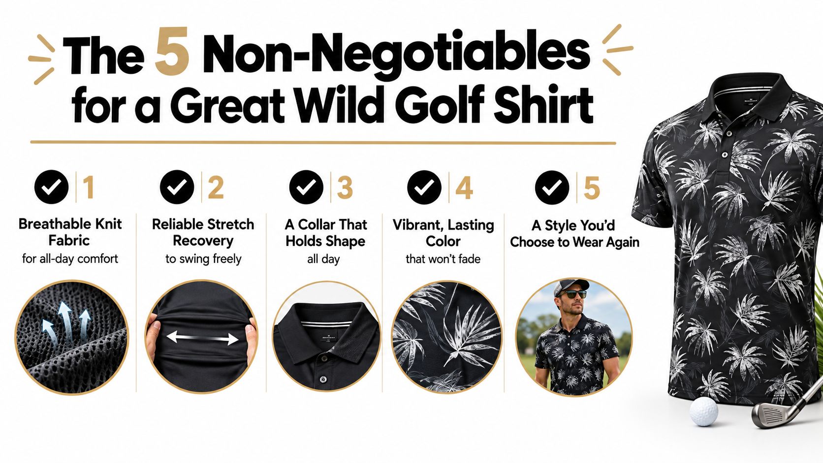 An infographic showcasing five key quality features for Wild golf shirts including breathability, stretch, and style.