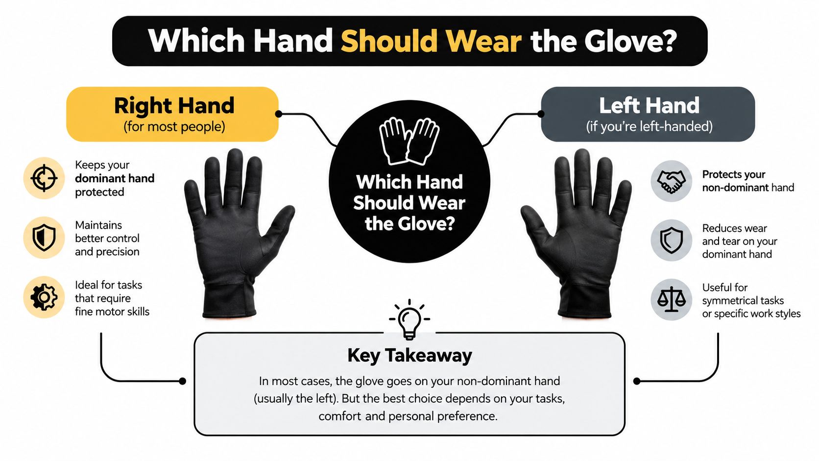 An infographic titled Which Hand Should Wear the Glove explaining when to wear gloves on dominant or non-dominant hands.