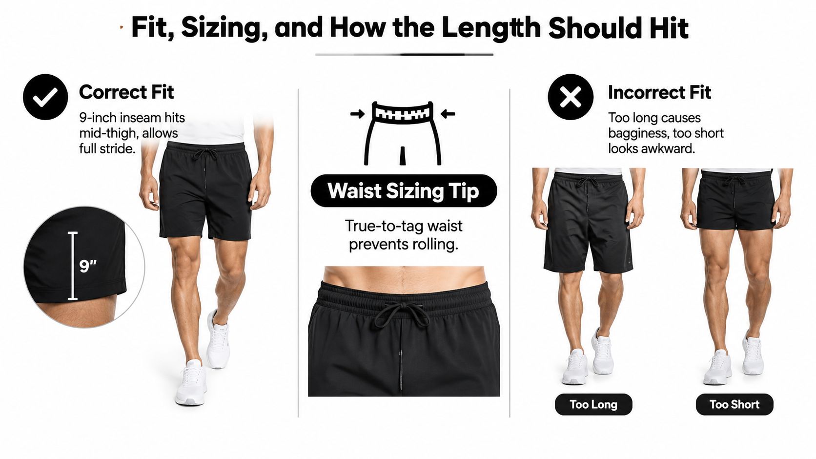 A visual guide illustrating the ideal fit for men's shorts with a 9-inch inseam hitting mid-thigh.