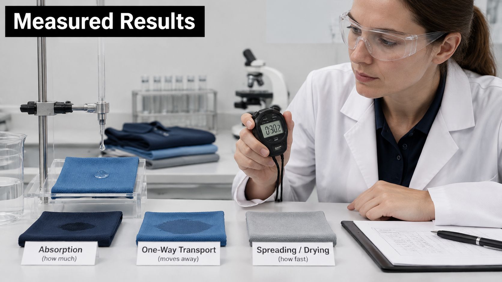 A female scientist in a lab coat evaluating fabric technology for performance golf shirts using precision testing equipment.