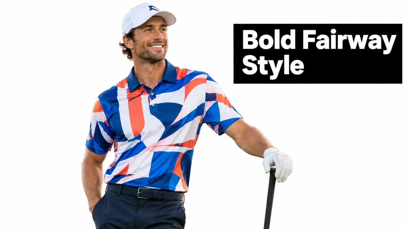 A smiling male golfer wearing a colorful patterned polo shirt and a white baseball cap standing outdoors.