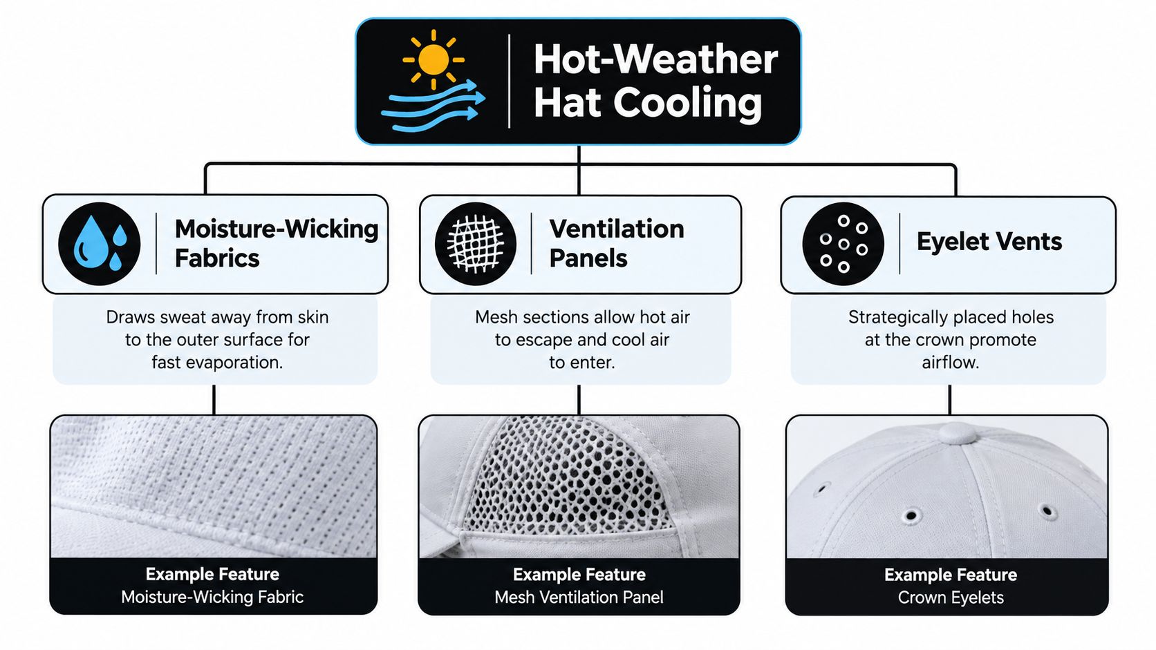 A diagram illustrating three key cooling features in hot-weather hats: moisture-wicking fabrics, ventilation panels, and eyelet vents.