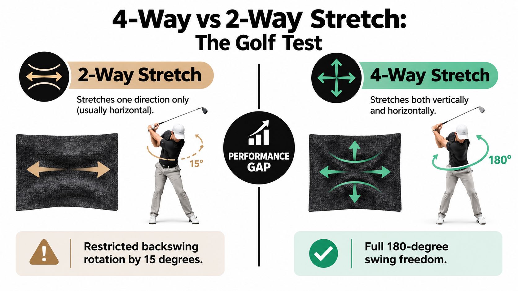 An infographic comparing 2-way and 4-way stretch fabric performance for golfers, showing restricted vs. full swing range.