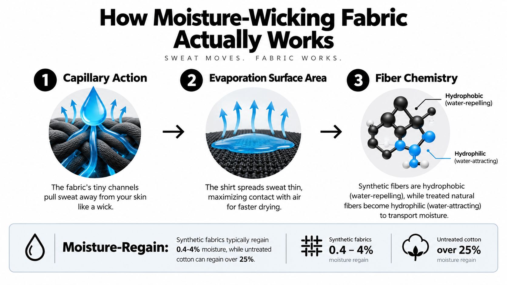 A diagram explaining how moisture-wicking fabric uses capillary action, surface area, and fiber chemistry to pull sweat away.