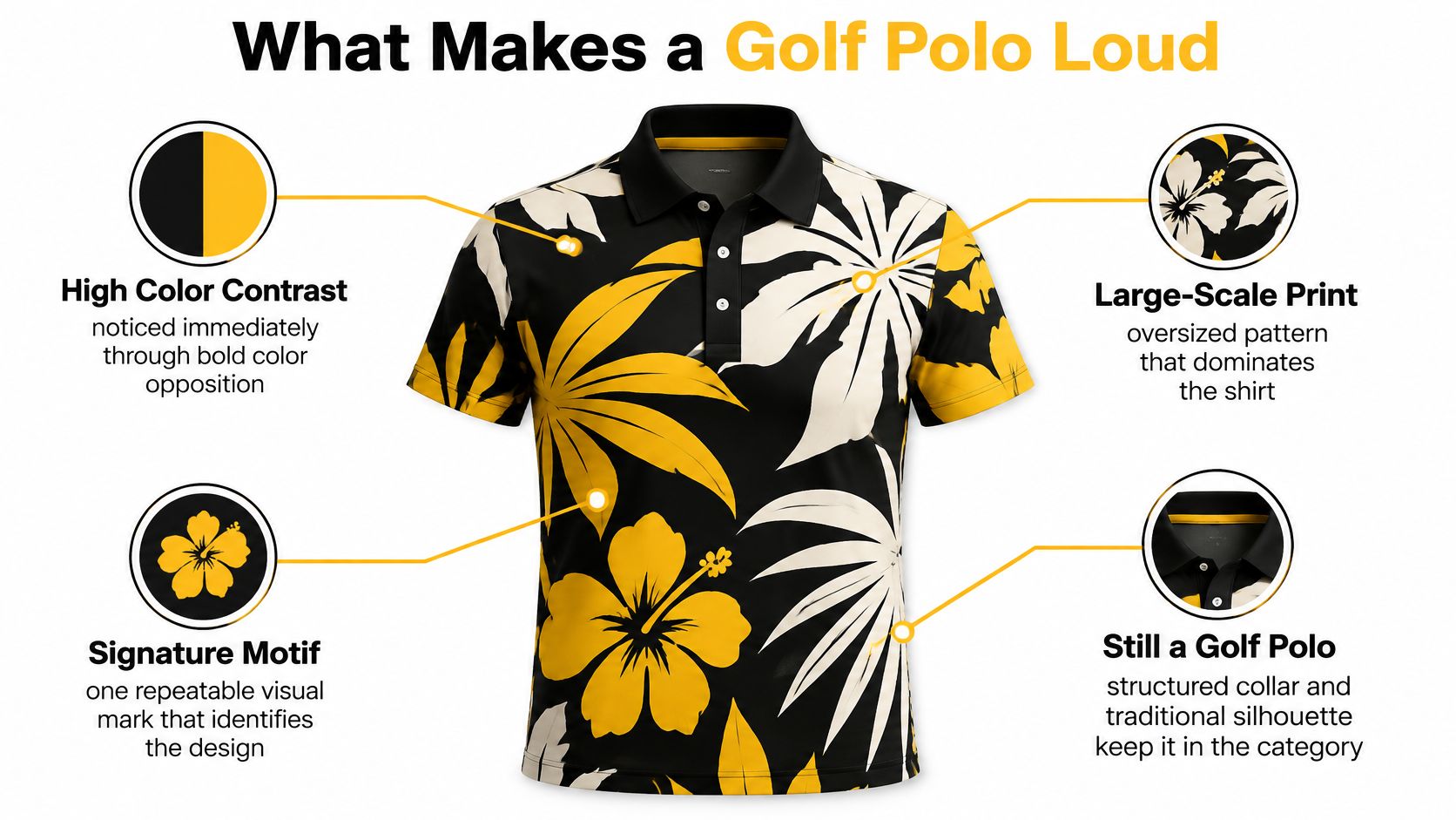 A visual guide illustrating the four key design elements that make a golf polo shirt look loud.