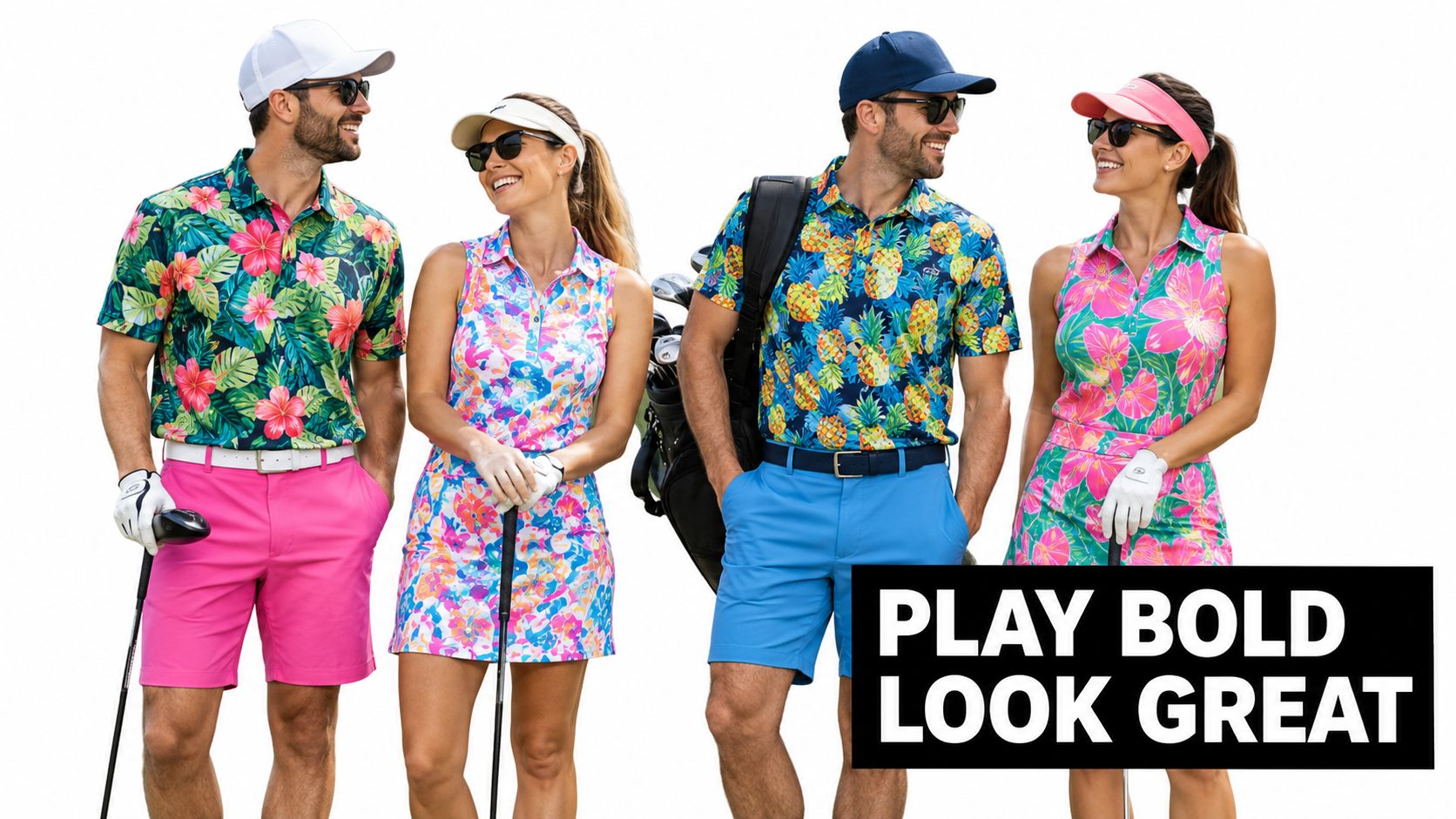 Two couples wearing vibrant, floral and pineapple-patterned golf apparel standing together on a golf course.