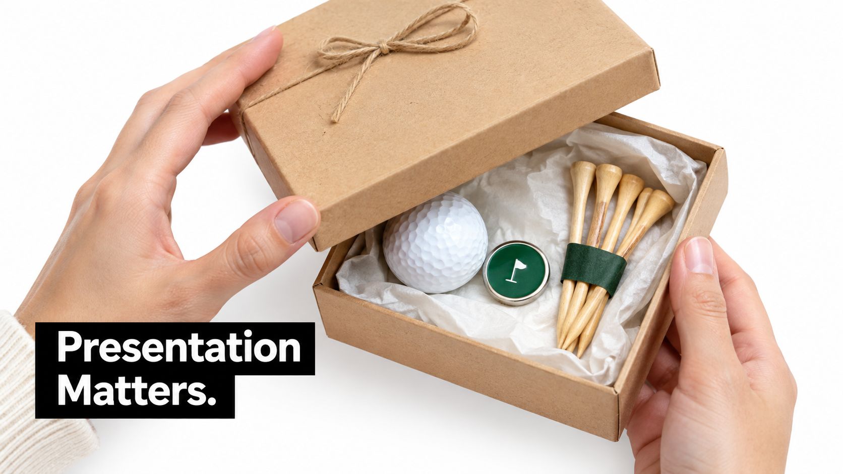 A person holding a cardboard gift box containing a golf ball, a flag marker, and wooden tees.