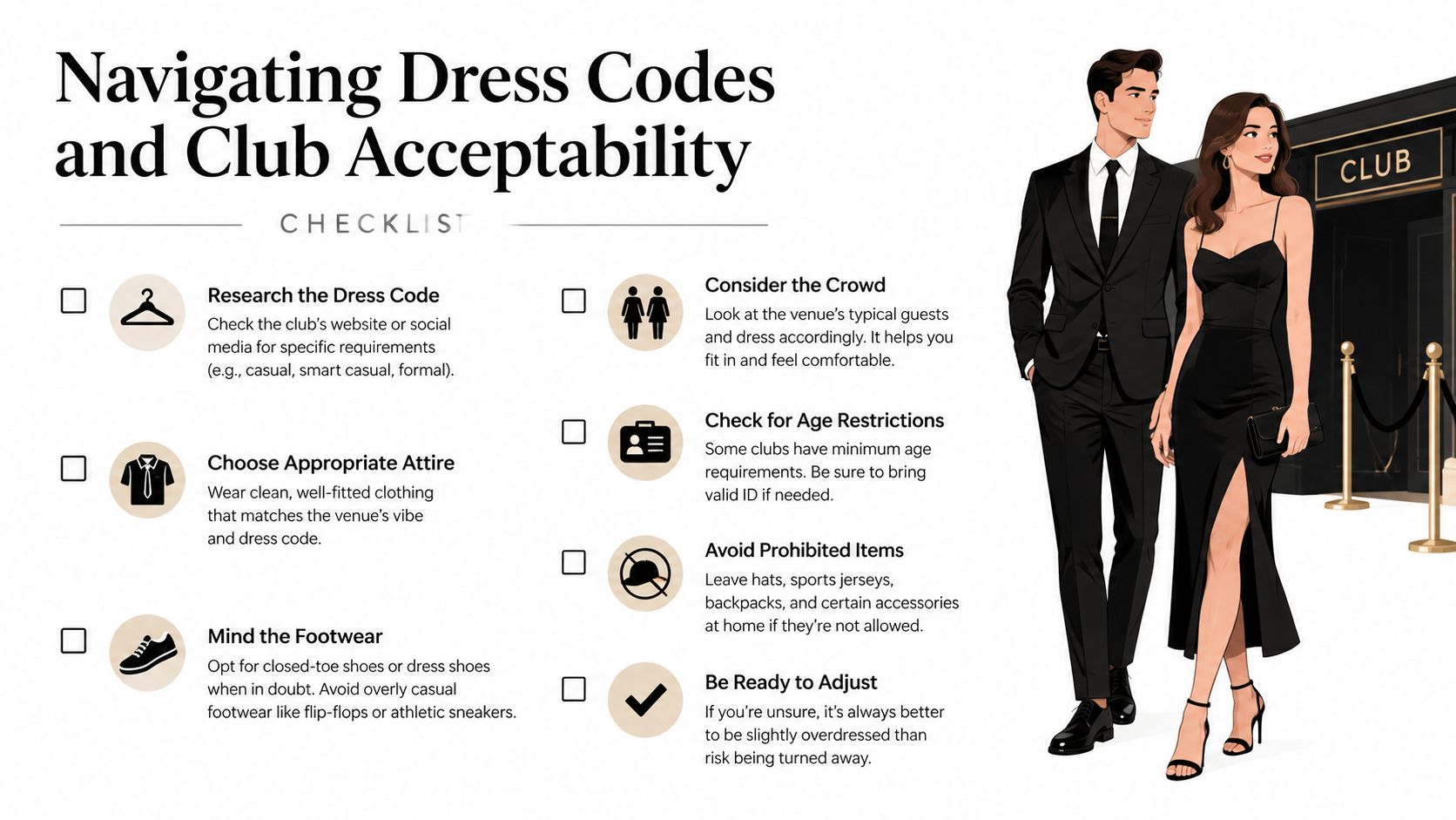 A checklist titled Navigating Dress Codes and Club Acceptability showing tips for dressing appropriately for nightlife venues.