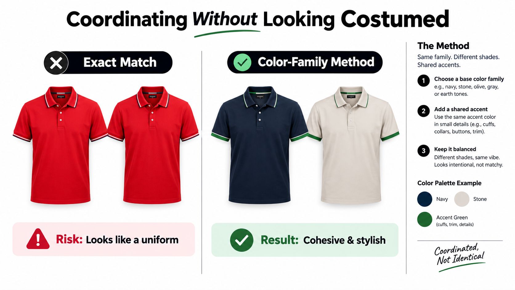 An infographic showing the difference between an exact match and a color-family method for coordinating outfits.