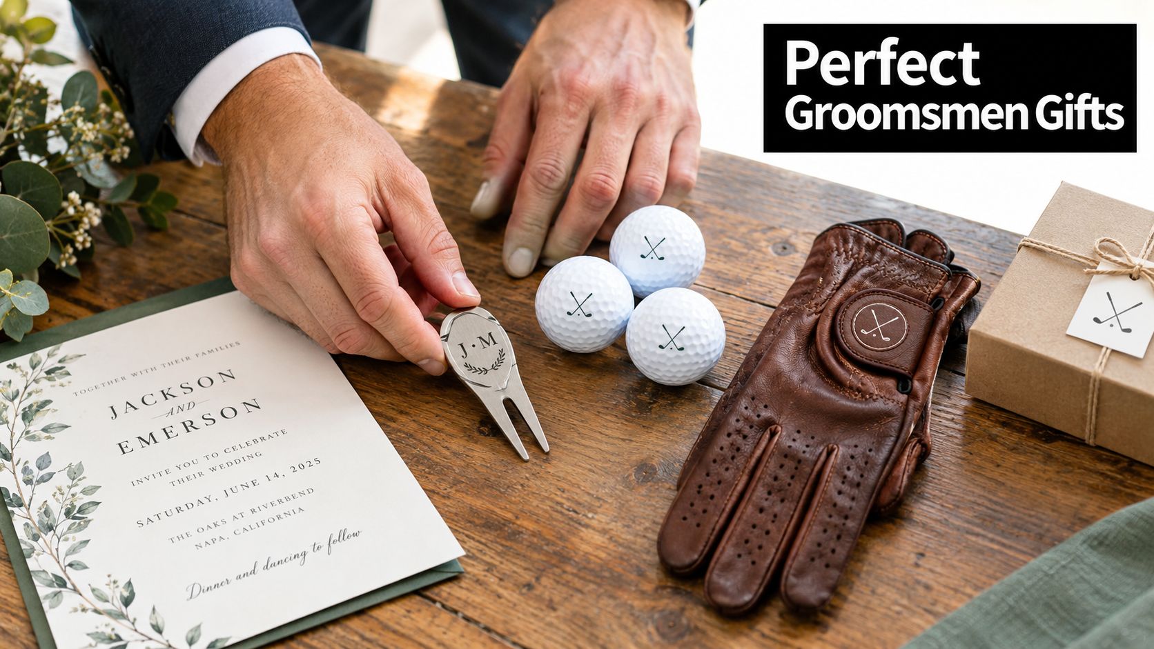 A person holding a personalized metal golf divot tool next to golf balls, a leather glove, and an invitation.