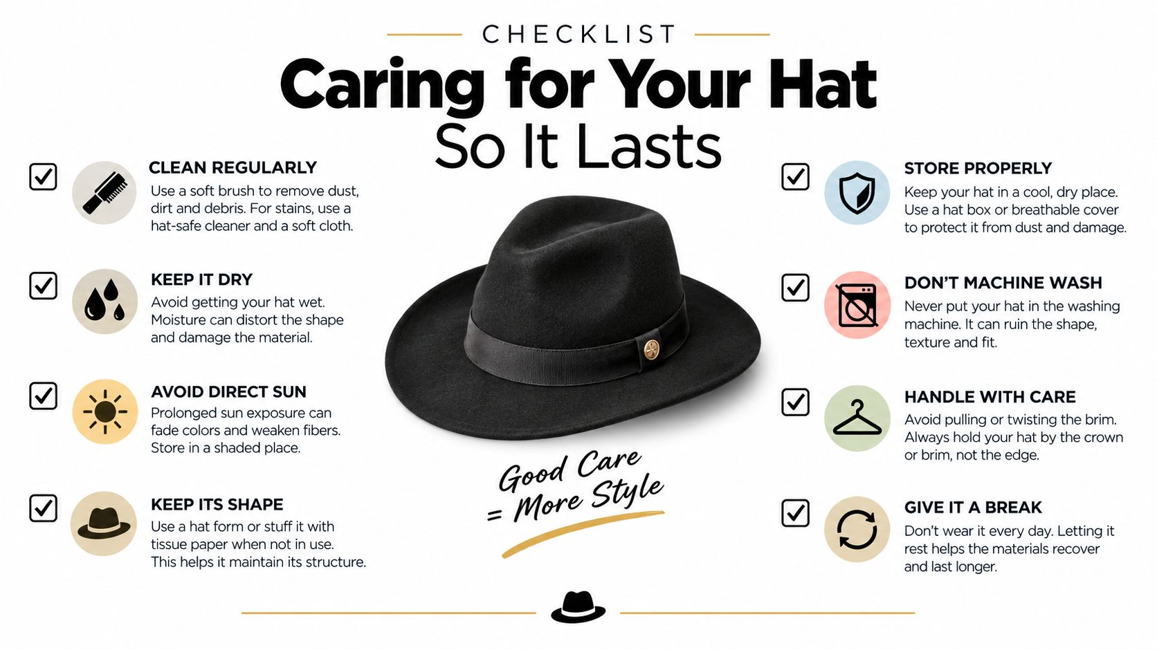 A checklist infographic illustrating eight essential tips for maintaining, cleaning, and storing your hat properly.